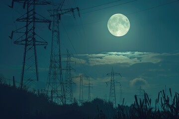 Aufkleber - A striking image of a full moon shining over power lines. Ideal for science or astronomy related projects