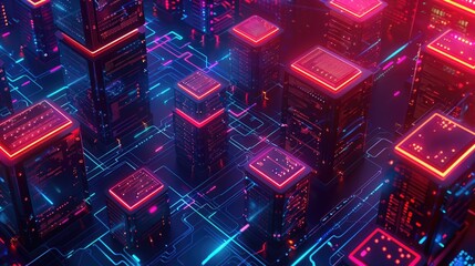 Poster - A futuristic cityscape at night with vibrant neon lights. Perfect for tech and urban-themed designs
