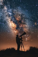 Poster - Man using telescope to observe stars. Suitable for astronomy enthusiasts