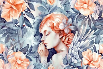 Poster - A painting of a woman surrounded by beautiful flowers, perfect for adding a touch of nature to any project