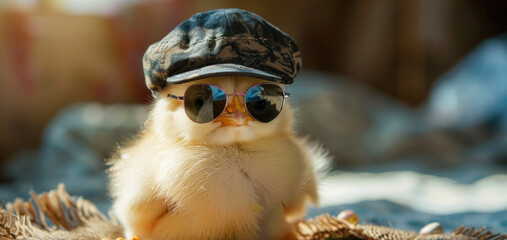 Aufkleber - A small chicken wearing sunglasses and a hat. Ideal for humorous and quirky designs