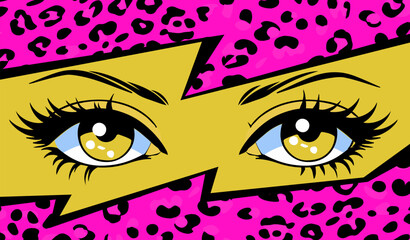 Poster - Pop art vector collage of anime style eyes with 90's neon retro makeup and leopard print on the background. Fashionable manga-inspired design.
