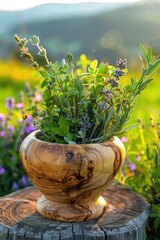 Poster - A wooden bowl filled with flowers on a tree stump. Suitable for nature and garden themes