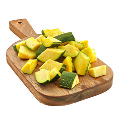 Canvas Print - Front view of a pile of cut summer squash on a wooden chopping board isolated on a white transparent background