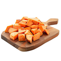 Wall Mural - Front view of a pile of cut sweet potatoes on a wooden chopping board isolated on a white transparent background