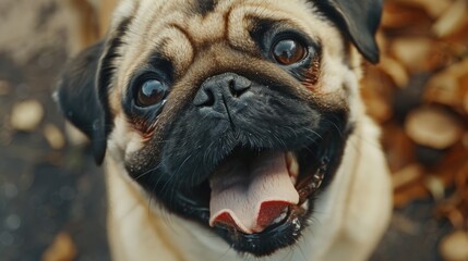 Poster - An adorable pug dog with its mouth open, looking up at the camera. Suitable for pet-related designs
