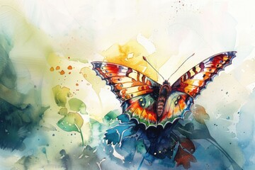 Poster - Colorful watercolor painting of a butterfly resting on a delicate flower. Perfect for nature lovers and garden enthusiasts