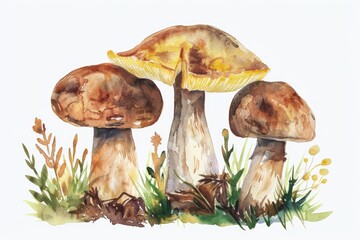 Poster - Three mushrooms growing in the grass, suitable for nature and gardening concepts