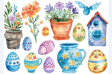 Poster - Colorful collection of watercolor Easter eggs and flowers. Perfect for Easter-themed designs