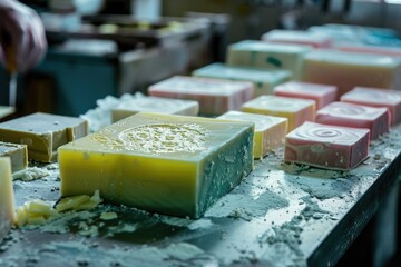 Poster - A variety of vibrant colored soap bars displayed on a counter. Ideal for hygiene and beauty product concepts