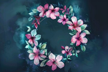 Poster - Pink flower wreath on dark background, suitable for various occasions
