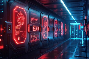 Poster - A hallway with neon signs and a train in the background. Suitable for transportation themed designs