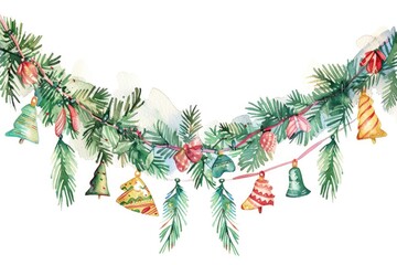 Poster - Festive watercolor Christmas garland with bells and ornaments, perfect for holiday designs