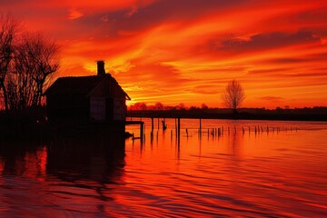 Poster - A house sitting on top of a body of water. Suitable for real estate or vacation concepts