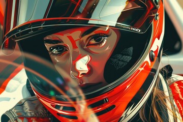 Poster - A woman wearing a helmet and holding a steering wheel, suitable for automotive industry