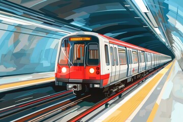 Poster - A red and white train traveling through a tunnel. Ideal for transportation concepts