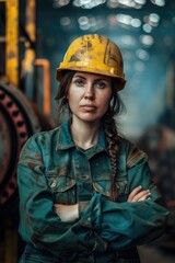 Poster - A woman wearing a hard hat in a factory. Suitable for industrial concepts