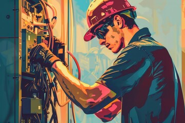 Poster - A man in a hard hat operating a machine. Suitable for industrial concepts