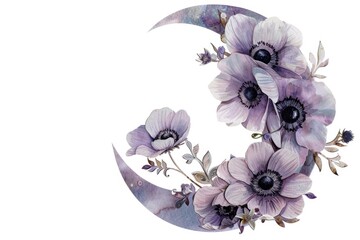 Sticker - Beautiful watercolor painting of a crescent moon surrounded by colorful flowers. Perfect for artistic projects and home decor