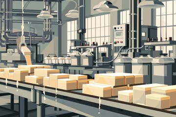 Wall Mural - Manufacturing factory with boxes moving on conveyor belt. Suitable for industrial concepts