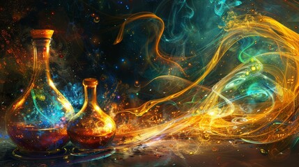 artistic representation of the alchemical gold transformation process, highlighting vibrant flasks a