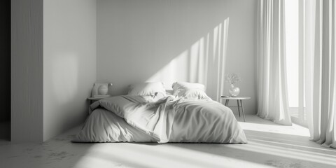 Poster - Cozy white bed with natural light from window. Ideal for home decor ads