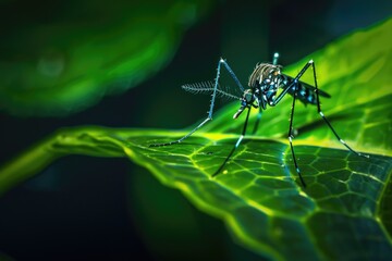 Aufkleber - A mosquito perched on a vibrant green leaf, perfect for nature or pest control concepts