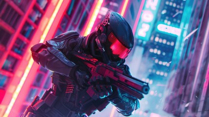 Poster - A man holding a gun in a futuristic urban landscape. Suitable for crime or sci-fi themes