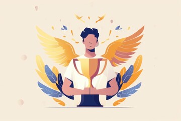 Poster - A man holding a trophy with wings, suitable for sports or achievement concepts