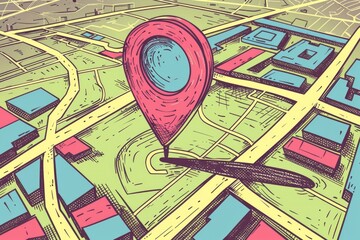 Poster - A drawing of a map with a pin, suitable for travel concepts