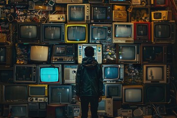 Aufkleber - A person standing in front of a wall of televisions. Suitable for technology and media concepts
