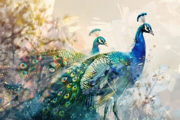 Wall Mural - A beautiful image of two peacocks standing side by side. Perfect for nature and wildlife themes