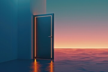 Poster - A room with an open door revealing a beautiful sunset. Perfect for interior design concepts