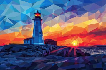 Poster - A painting of a lighthouse on a rocky shore. Suitable for maritime themes