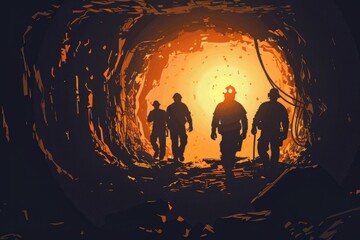 Poster - A group of people walking through a tunnel. Suitable for business, teamwork, or exploration concepts