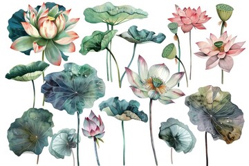 Poster - Beautiful watercolor lotus flowers on a white background. Perfect for various design projects