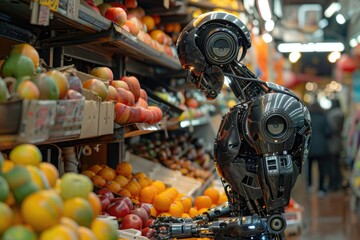 Wall Mural - A robot standing in front of a bunch of fruit. Suitable for technology and food industry concepts