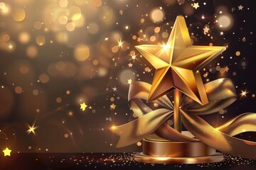 Aufkleber - A golden star placed on top of a golden ribbon. Ideal for festive designs and celebrations