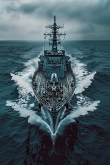 Poster - A navy ship cruising on the open sea. Suitable for military and maritime themes