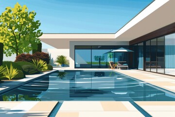 Poster - A painting of a house with a swimming pool. Suitable for real estate or vacation concepts