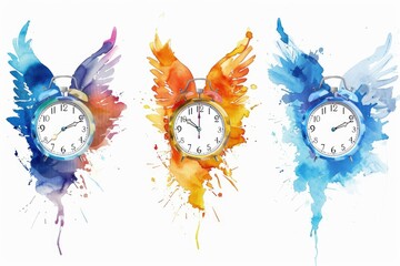 Poster - Three clocks with wings painted on them, suitable for time management concepts