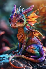Aufkleber - A vibrant dragon perched on a rocky surface. Suitable for fantasy themes