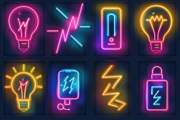 Poster - A collection of neon signs featuring various types of electrical equipment. Ideal for technology or industrial concepts