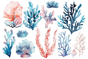Aufkleber - A collection of watercolor corals on a white background. Ideal for marine-themed designs