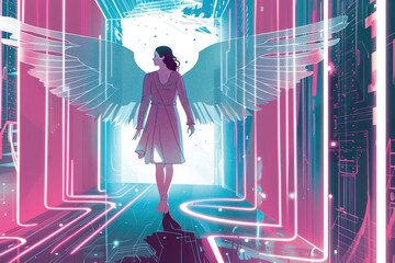 Poster - A woman in a white dress walking through a tunnel. Suitable for various concepts and themes