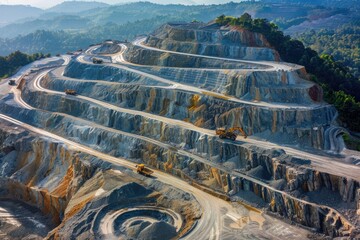 Poster - Aerial view of a quarry with trucks. Suitable for industrial concepts