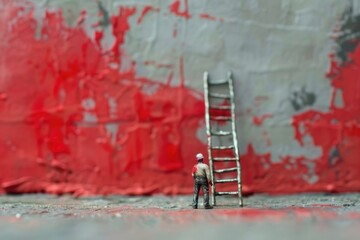 Poster - Tiny man next to a ladder, ideal for concept and construction designs