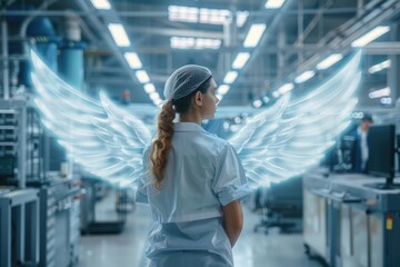 Wall Mural - A woman wearing scrubs standing in a factory, suitable for medical or industrial concepts
