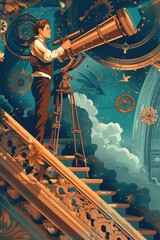 Poster - A man standing on top of a staircase looking through a telescope. Suitable for educational and scientific concepts