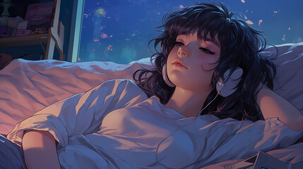 Wall Mural - Anime girl headphones rests in bed 2D cartoon illustration. Bedroom window with night sky lofi wallpaper background lo-fi art. Evening dreamy atmosphere flat image cozy chill vibe